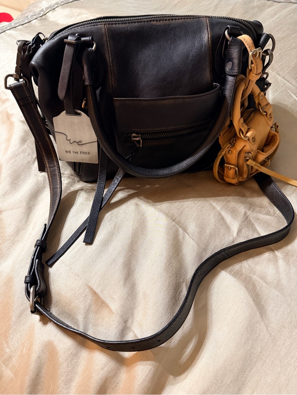 We The Free Black Leather Shoulder Bag with Tan Accent Charm Miniature Purse - Picture 10 of 10